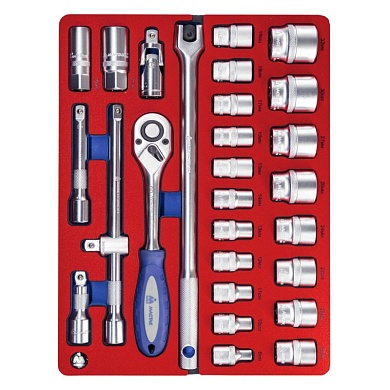 МАСТАК Набор торцевых головок 1/2" с принадлежностями, шестигранные, ложемент, 28 предметов МАСТАК 5-004028
